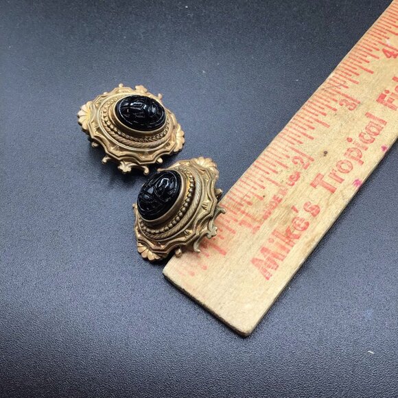 Victorian Egyptian Revival Earrings Clip On Black Scarab Cabochons Earrings - Picture 5 of 6
